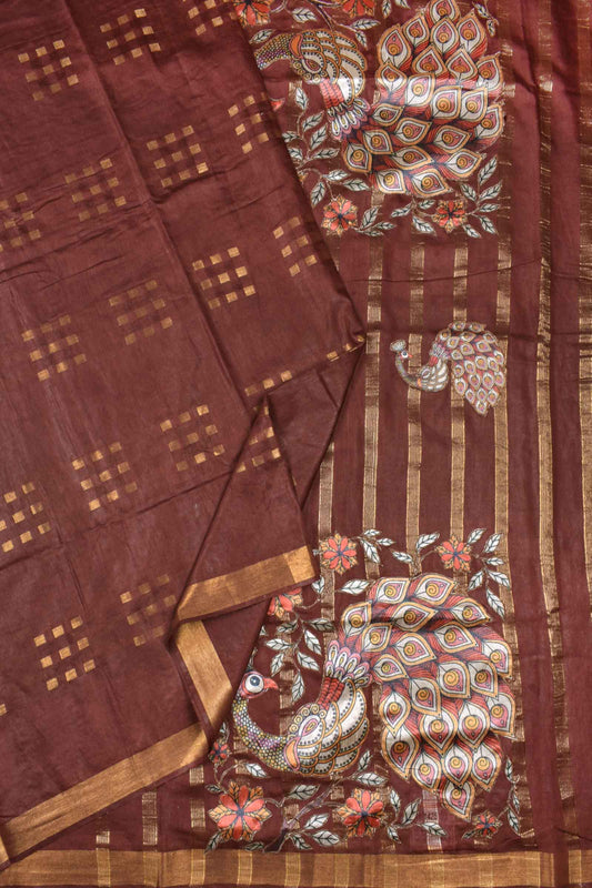 Brown Bengal Cotton Fancy Butta Peacock Applique Pallu Saree