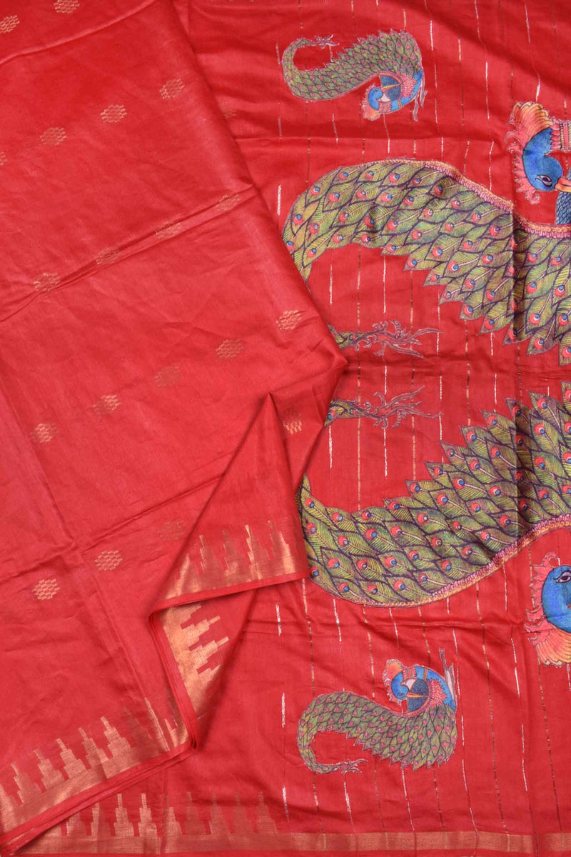 Deep Red Bengal Cotton Fancy Butta Peacock Applique Pallu Saree