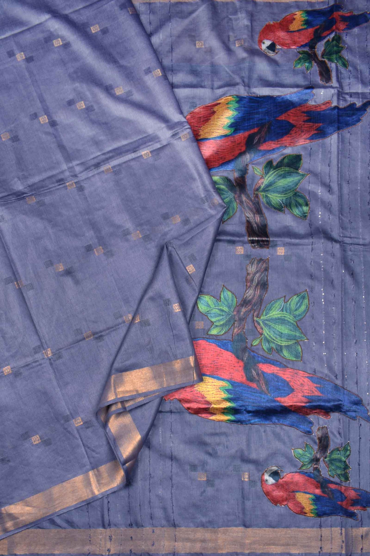 Blue Grey Bengal Cotton Fancy Butta Parrot Applique Pallu Saree