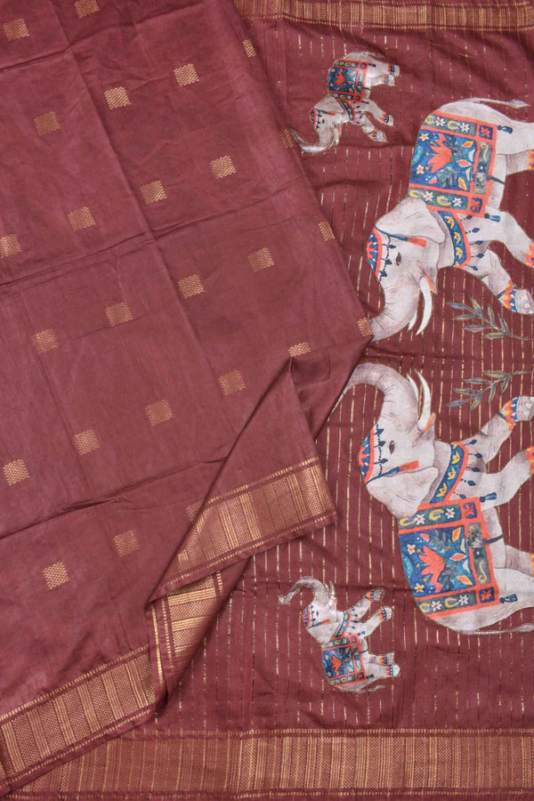 Brown Bengal Cotton Fancy Butta Elephant Applique Pallu Saree