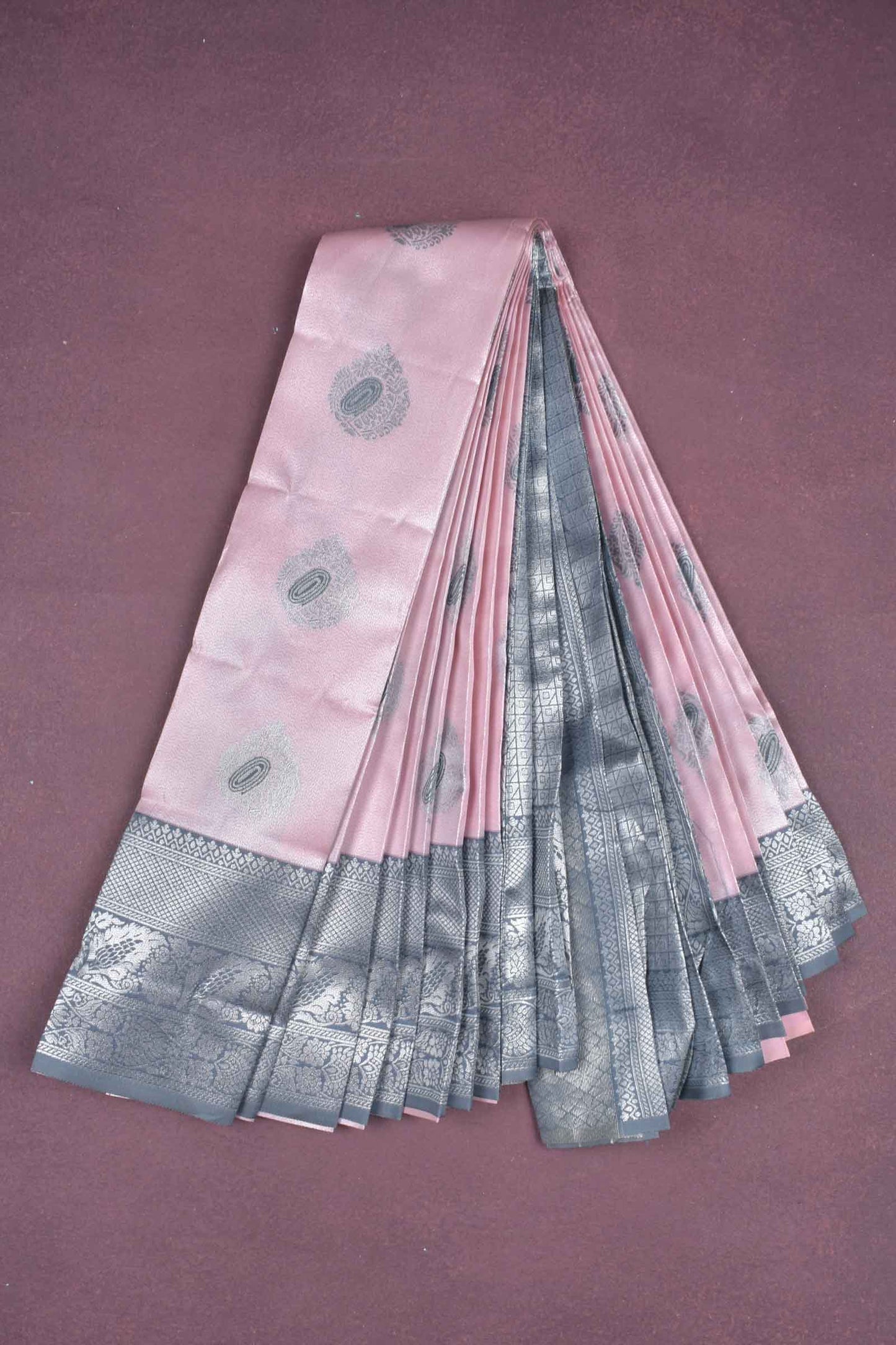 Flamingo Pink Semi Silk Flowers Butta Contrast Border Pallu Saree