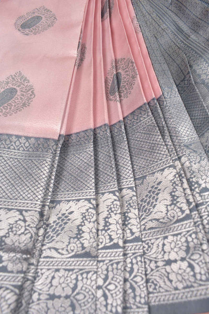 Flamingo Pink Semi Silk Flowers Butta Contrast Border Pallu Saree