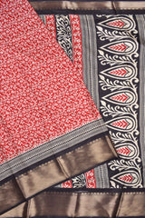 Red With White Semi Dola Fancy Floral Printed Black Zari Border Saree