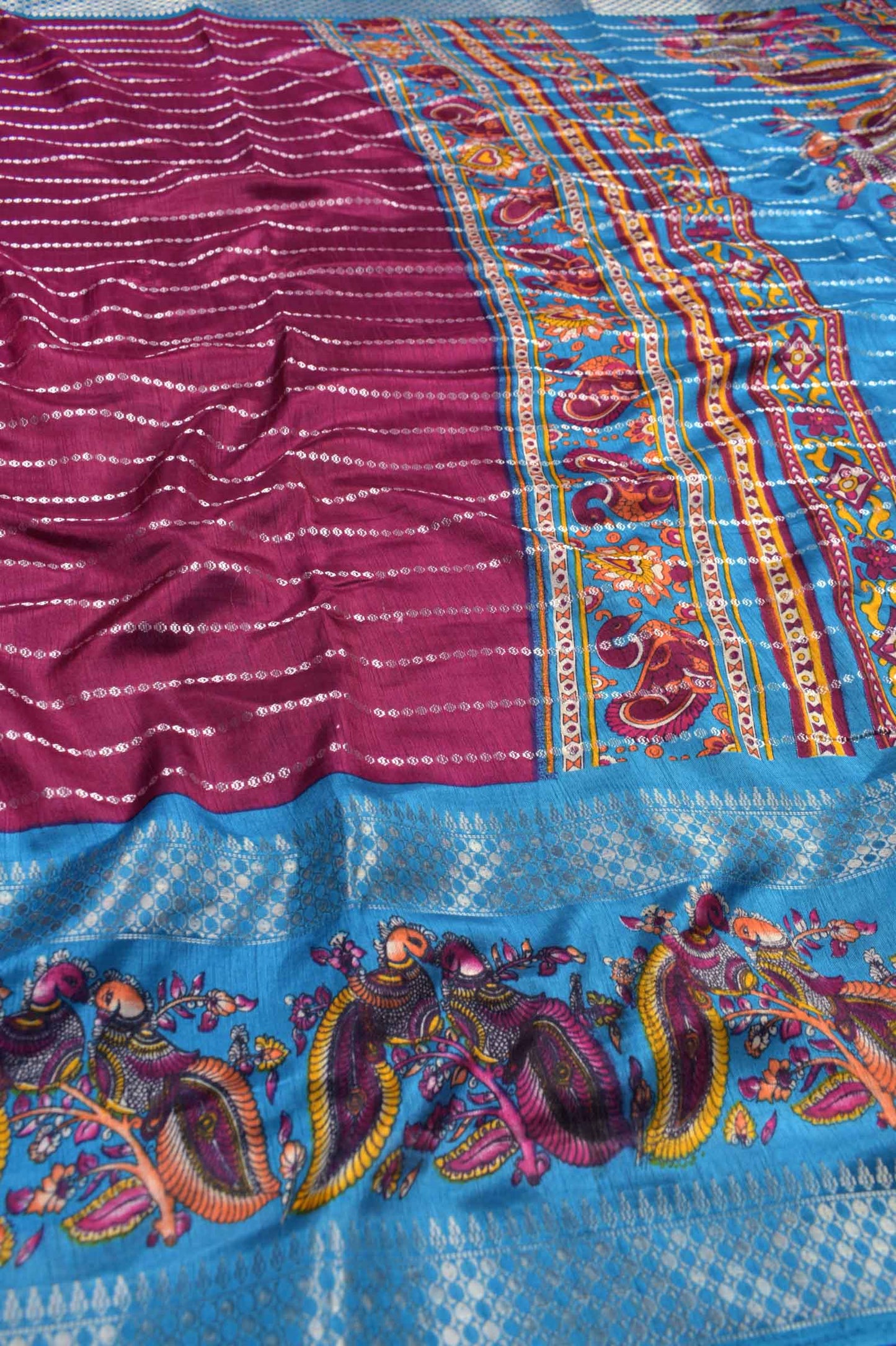 Burgundy Semi Dola Fancy Lines Printed Peacock Blue Border Saree