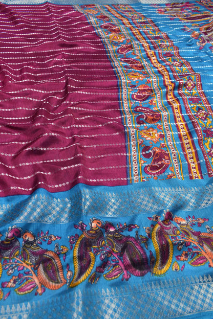 Burgundy Semi Dola Fancy Lines Printed Peacock Blue Border Saree