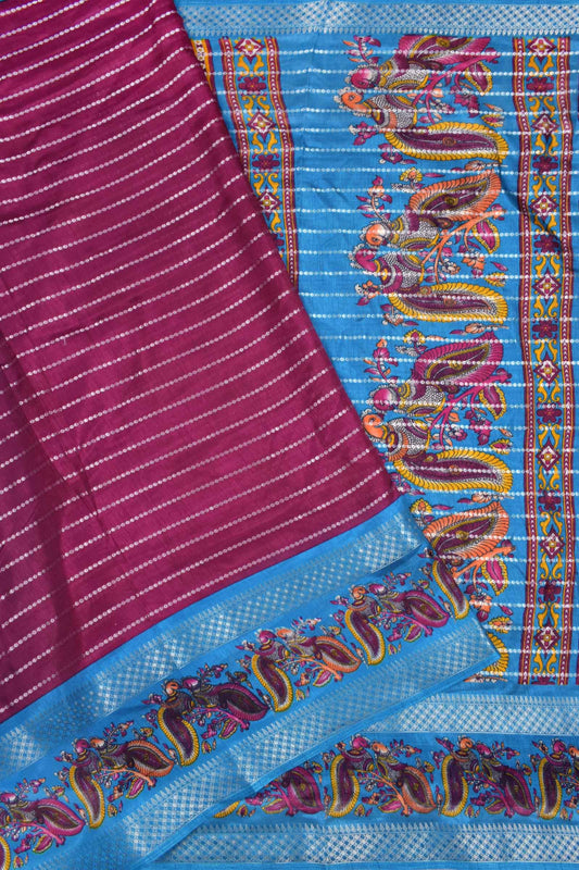 Burgundy Semi Dola Fancy Lines Printed Peacock Blue Border Saree