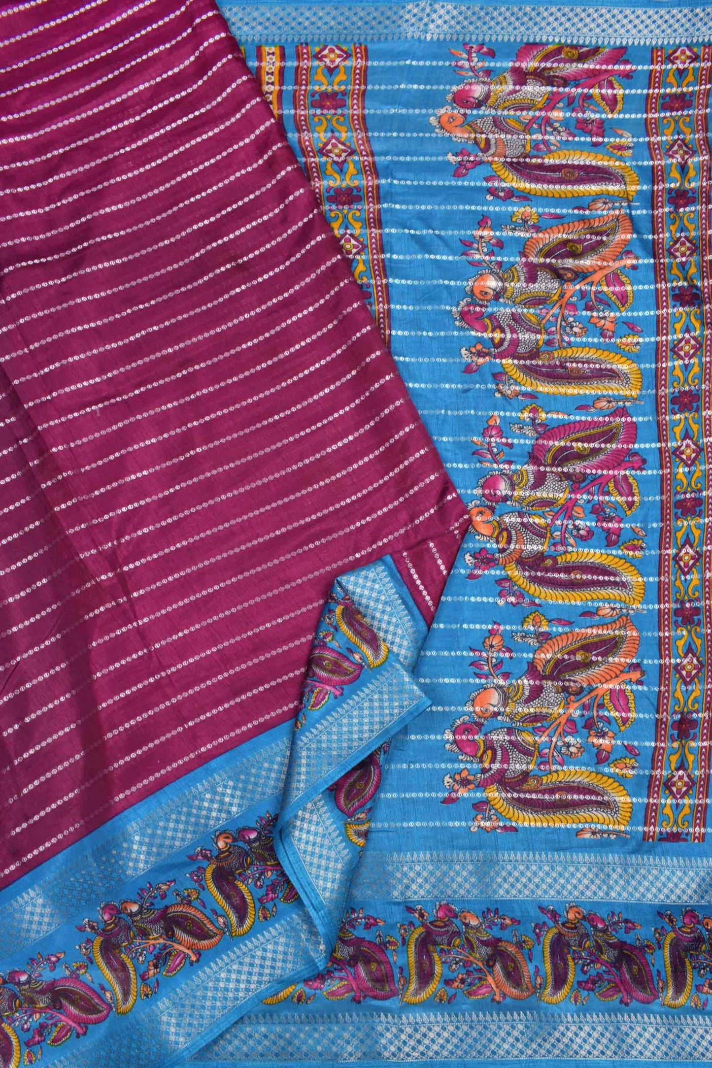 Burgundy Semi Dola Fancy Lines Printed Peacock Blue Border Saree