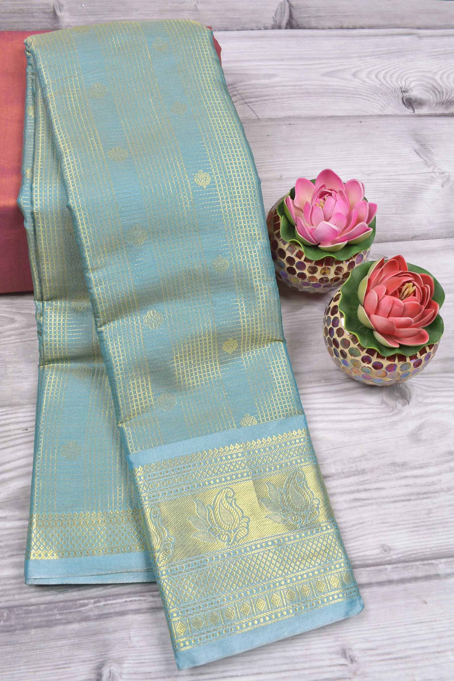 Golden Grey Semi Silk Mini Checks Butta Golden Pallu Border Saree