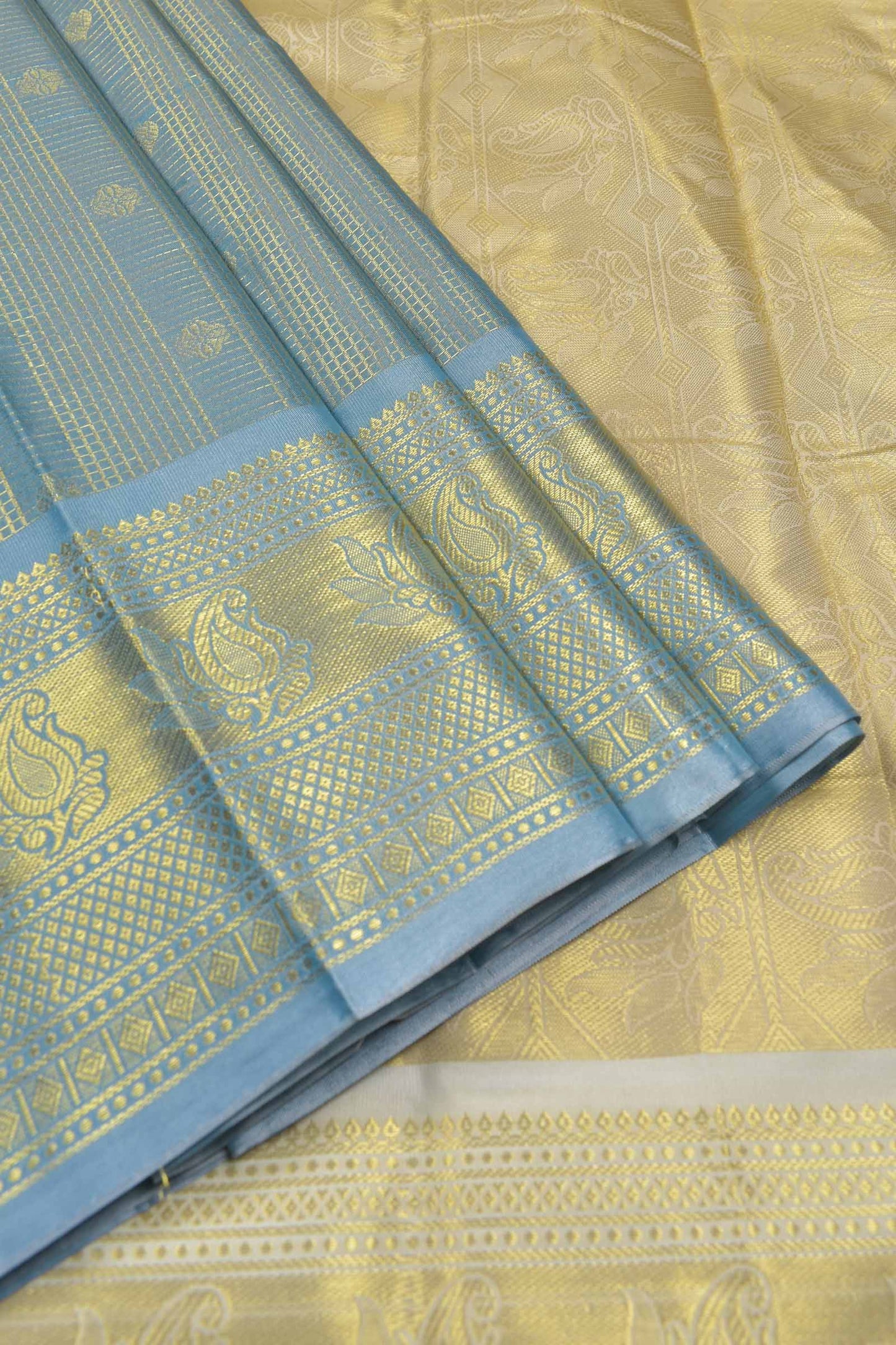 Golden Grey Semi Silk Mini Checks Butta Golden Pallu Border Saree