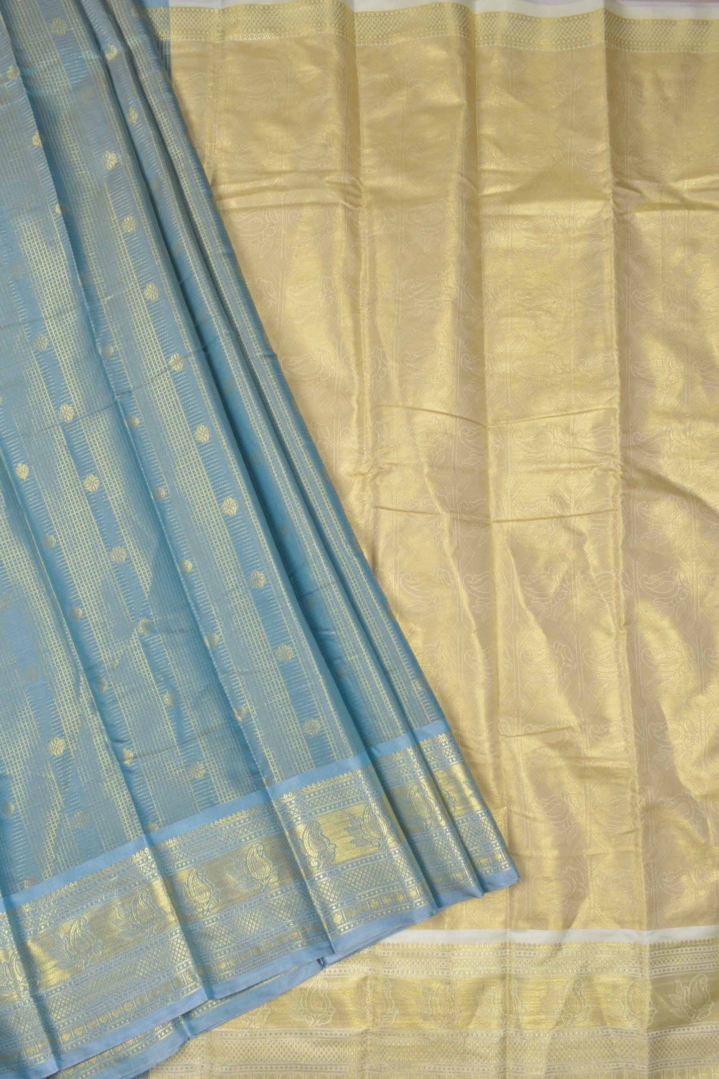 Golden Grey Semi Silk Mini Checks Butta Golden Pallu Border Saree
