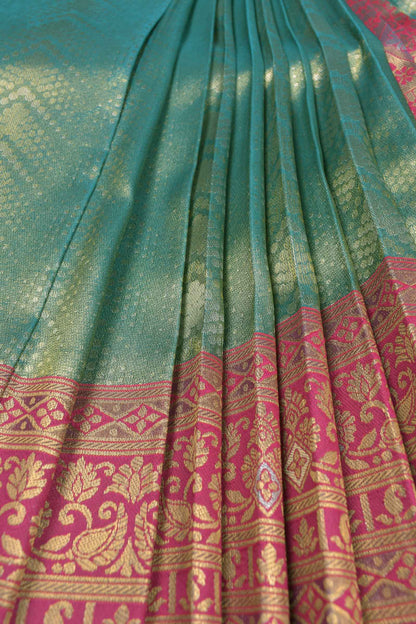 Green With Blue Shade Semi Silk Floral Waves Design Contrast Pallu Blouse Saree