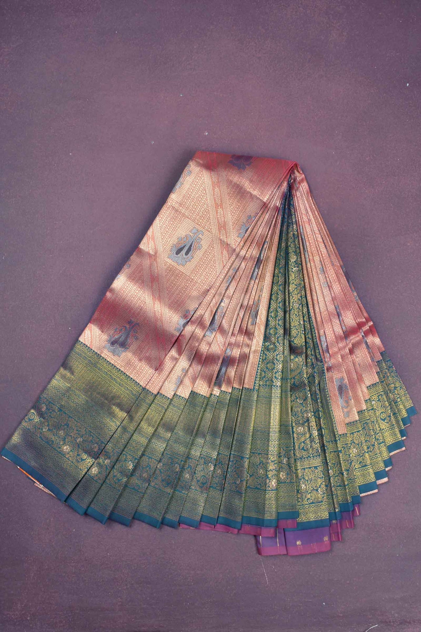 Pink With Orange Shade Semi Silk Fancy Butta Contrast Pallu Blouse Saree