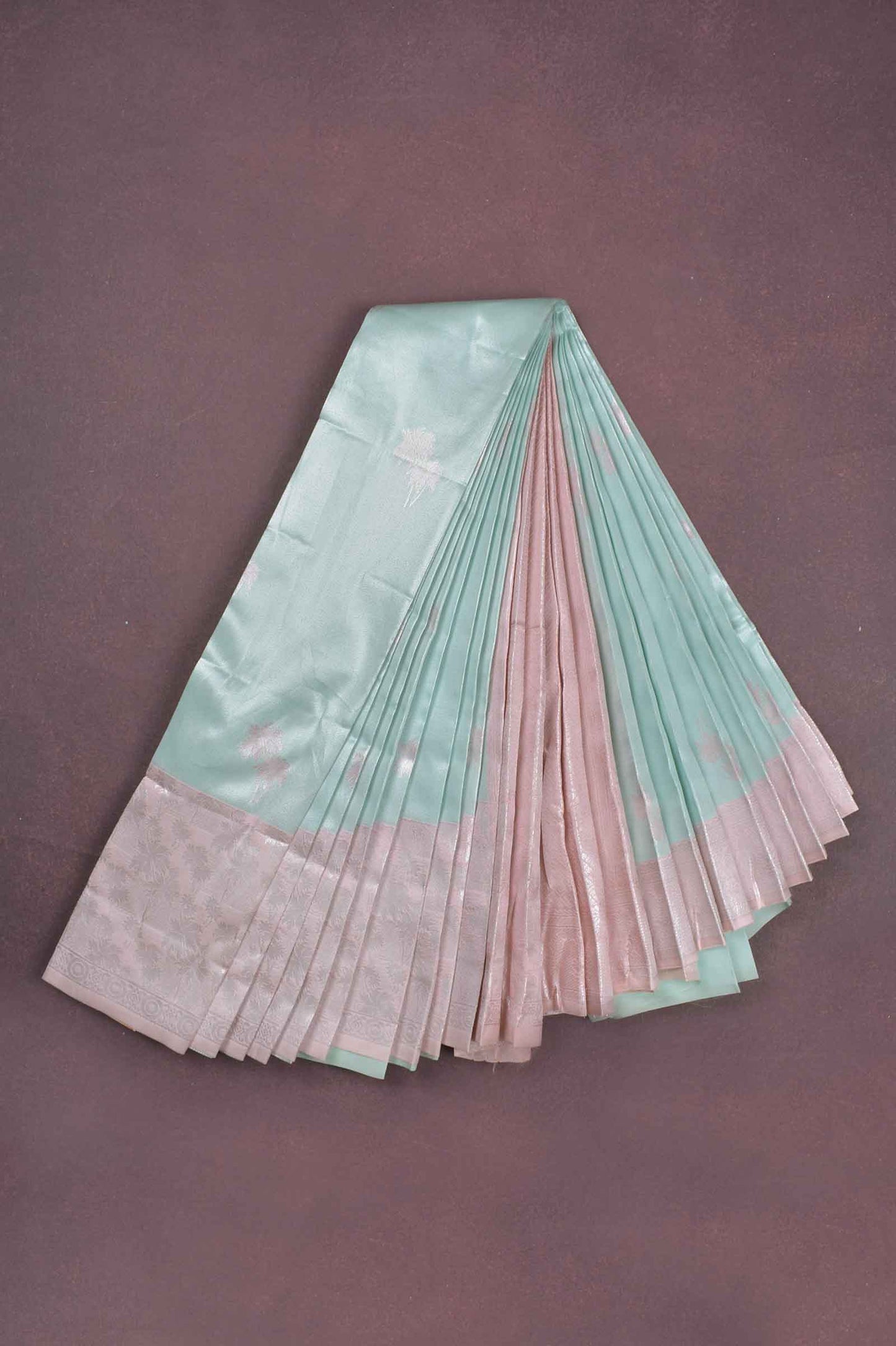 Light Blue Semi Silk Flowers Butta Light Pink Border Pallu Saree