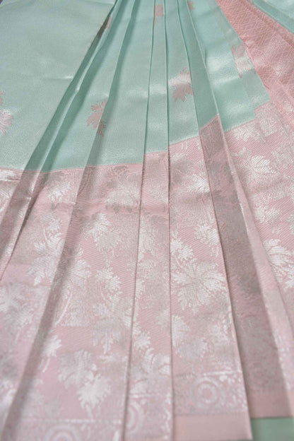 Light Blue Semi Silk Flowers Butta Light Pink Border Pallu Saree