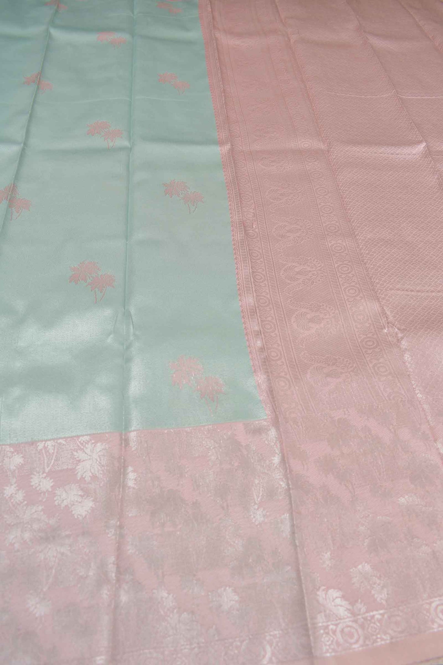 Light Blue Semi Silk Flowers Butta Light Pink Border Pallu Saree