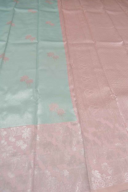 Light Blue Semi Silk Flowers Butta Light Pink Border Pallu Saree