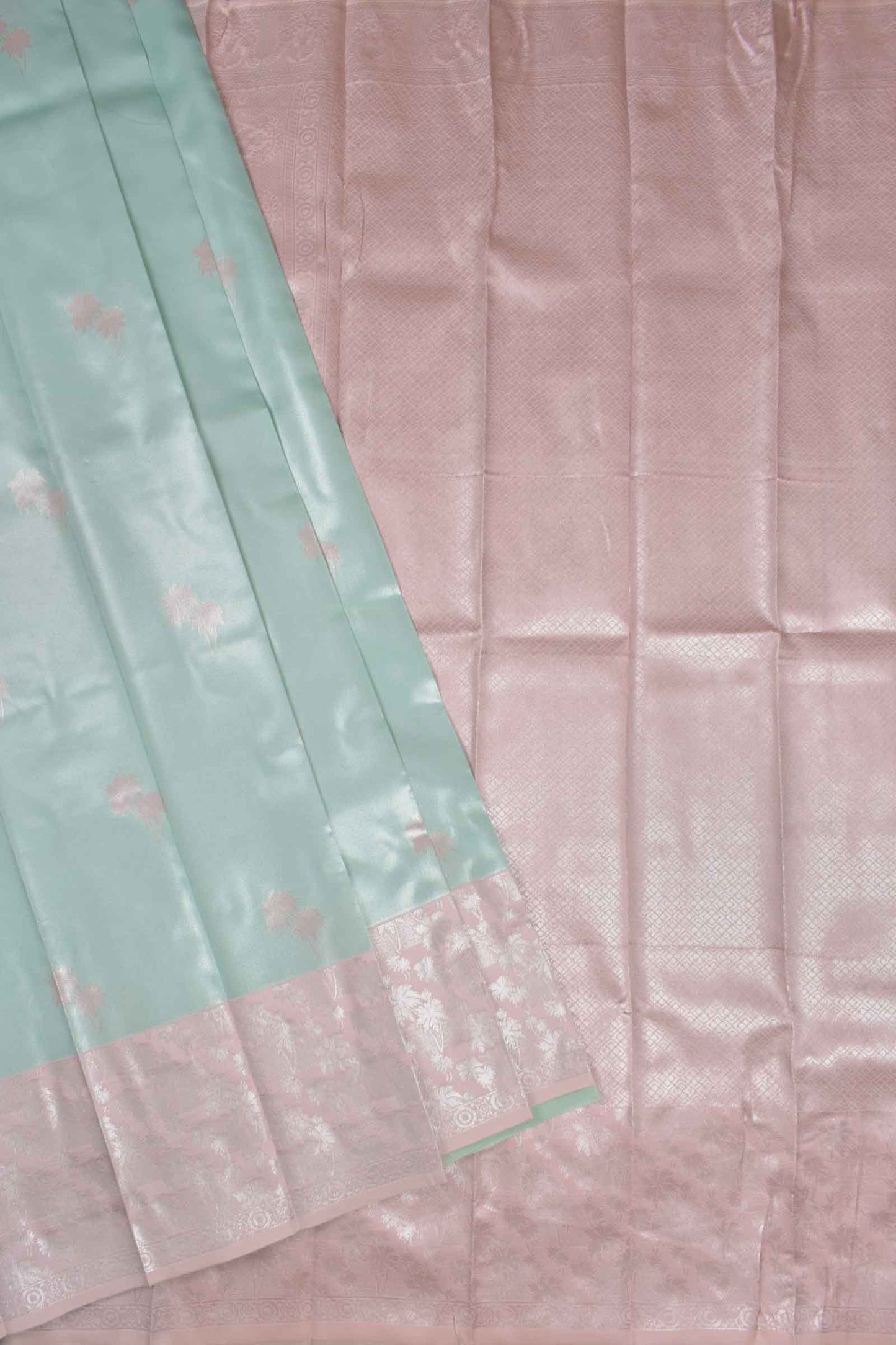 Light Blue Semi Silk Flowers Butta Light Pink Border Pallu Saree