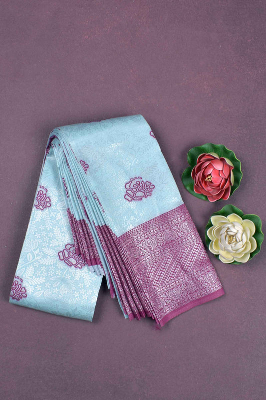 Baby Blue Semi Silk Fancy Butta Floral Design Contrast Pallu Blouse Saree