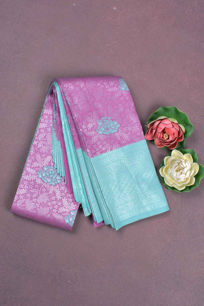 Violet Semi Silk Rose Butta Floral Flowers Design Contrast Pallu Blouse Saree