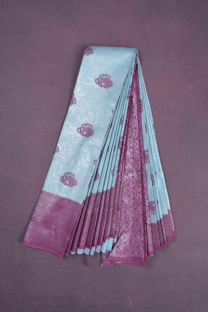 Baby Blue Semi Silk Fancy Butta Floral Design Contrast Pallu Blouse Saree