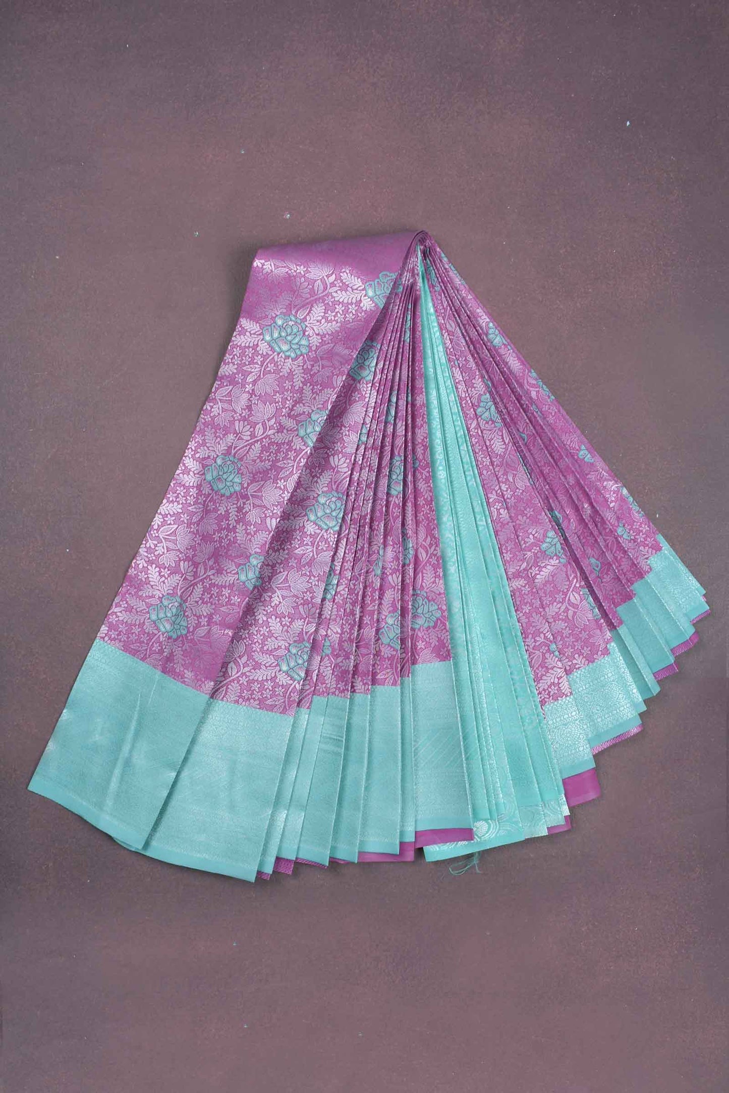 Violet Semi Silk Rose Butta Floral Flowers Design Contrast Pallu Blouse Saree