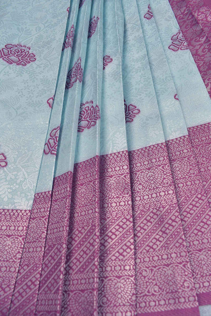 Baby Blue Semi Silk Fancy Butta Floral Design Contrast Pallu Blouse Saree