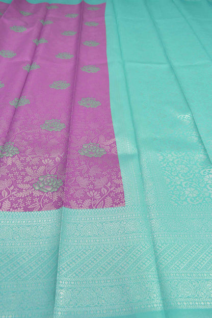 Violet Semi Silk Rose Butta Floral Flowers Design Contrast Pallu Blouse Saree