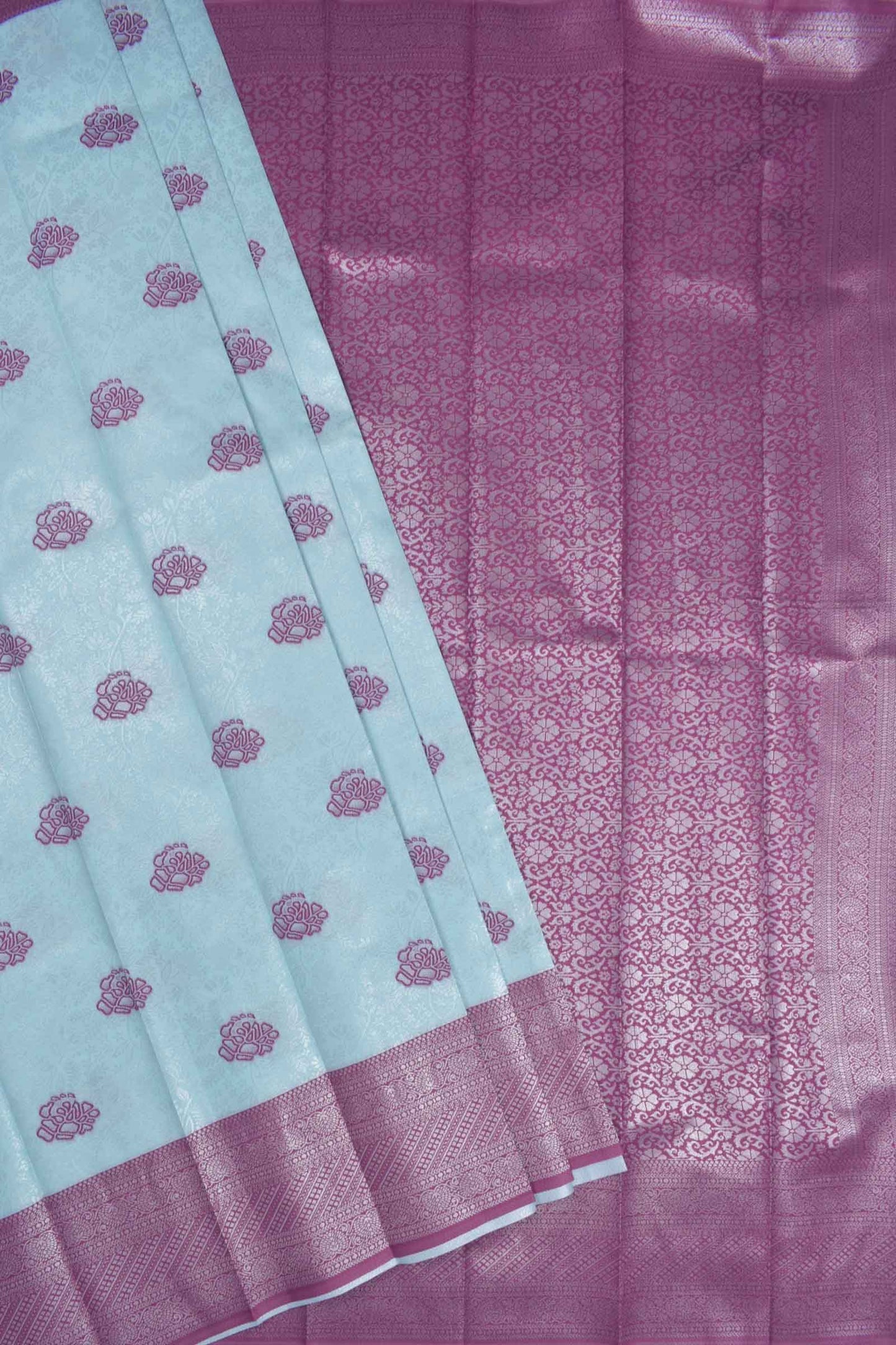 Baby Blue Semi Silk Fancy Butta Floral Design Contrast Pallu Blouse Saree