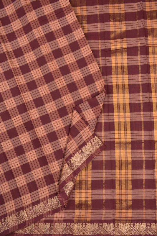 Maroon With Orange Chettinad Kattam Pure Cotton Zari Lotus Border Saree