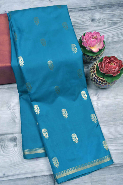 Blue Body Rose Butta Contrast Pallu Semi Soft Silk Saree