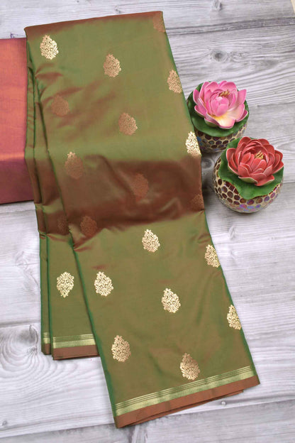 Allow Green Body Fancy Butta Contrast Pallu Semi Soft Silk Saree