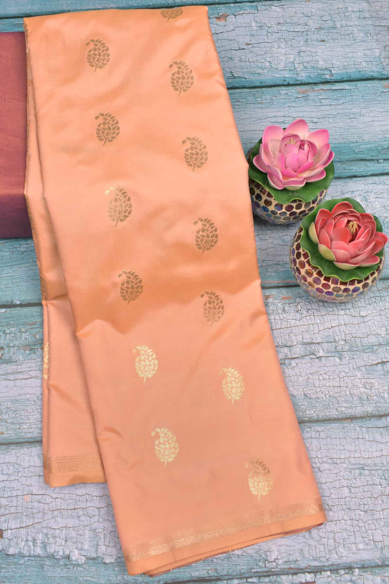 Peach Semi Soft Silk Paisely Butta Pencil Border Contrast Blouse Saree