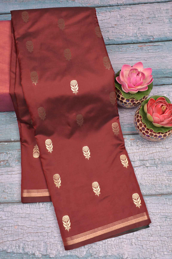 Dark Maroon Body Rose Butta Contrast Pallu Semi Soft Silk Saree