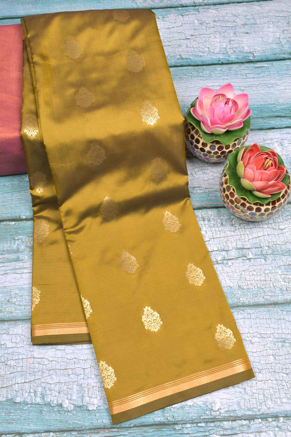 Olive Semi Soft Silk Traditional Butta Contrast Pallu Saree