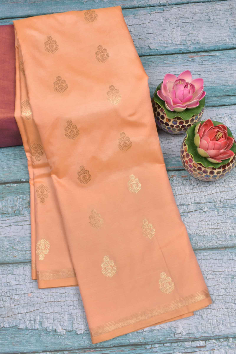 Peach Semi Soft Silk Traditional Butta Pencil Border Contrast Blouse Saree