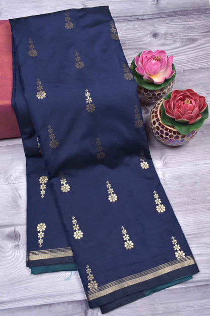 Denim Blue Body Flowers Butta Contrast Pallu Semi Soft Silk Saree