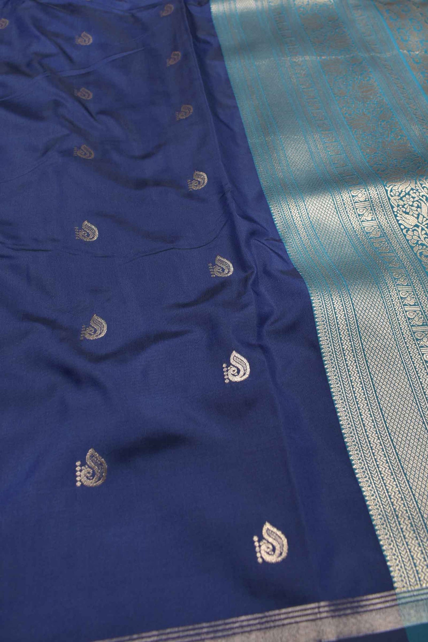 Denim Blue Body Mango Butta Contrast Pallu Semi Soft Silk Saree