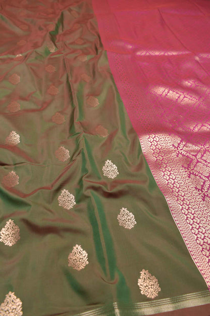 Allow Green Body Fancy Butta Contrast Pallu Semi Soft Silk Saree