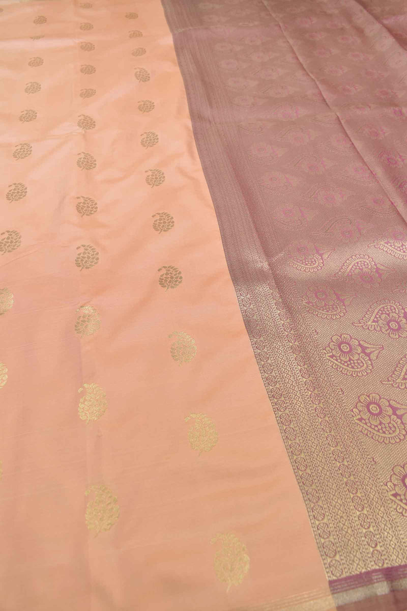 Peach Semi Soft Silk Paisely Butta Pencil Border Contrast Blouse Saree