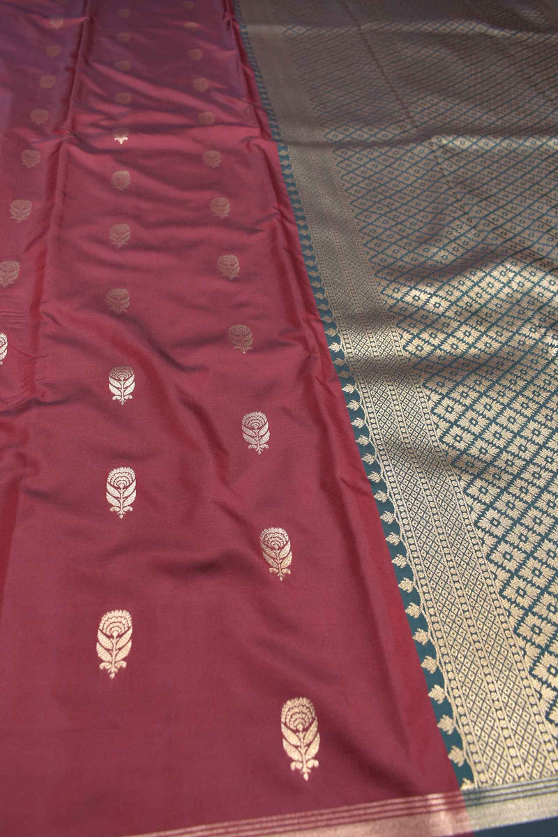 Dark Maroon Body Rose Butta Contrast Pallu Semi Soft Silk Saree