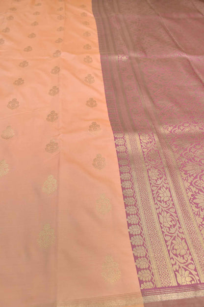 Peach Semi Soft Silk Traditional Butta Pencil Border Contrast Blouse Saree