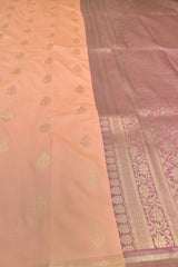 Peach Semi Soft Silk Traditional Butta Pencil Border Contrast Blouse Saree