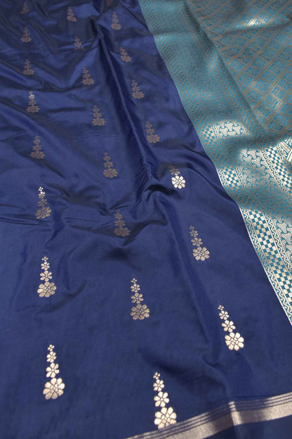 Denim Blue Body Flowers Butta Contrast Pallu Semi Soft Silk Saree