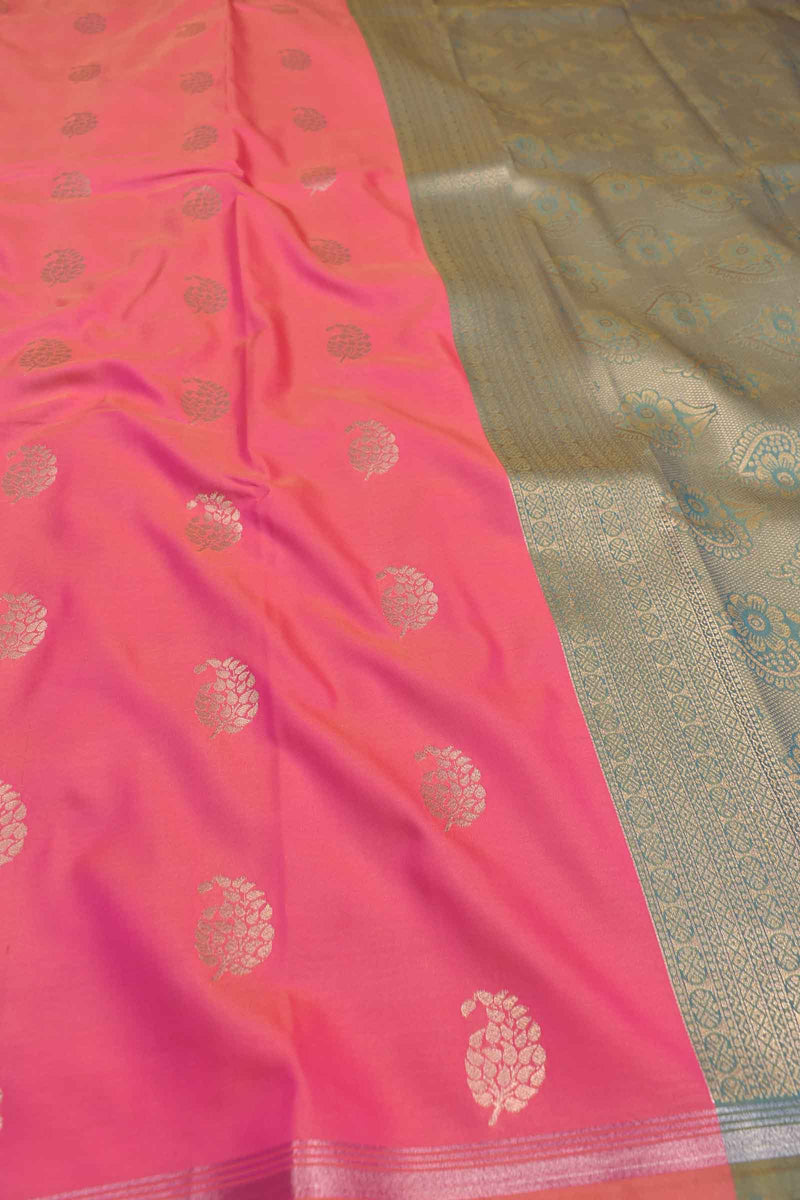 Pink Semi Soft Silk Mango Butta Contrast Pallu Saree