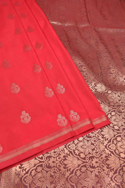 Cardinal Red Body Flowers Butta Contrast Pallu Semi Soft Silk Saree