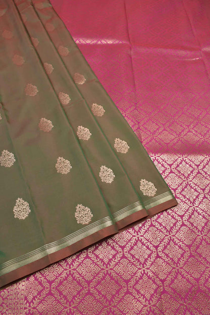 Allow Green Body Fancy Butta Contrast Pallu Semi Soft Silk Saree