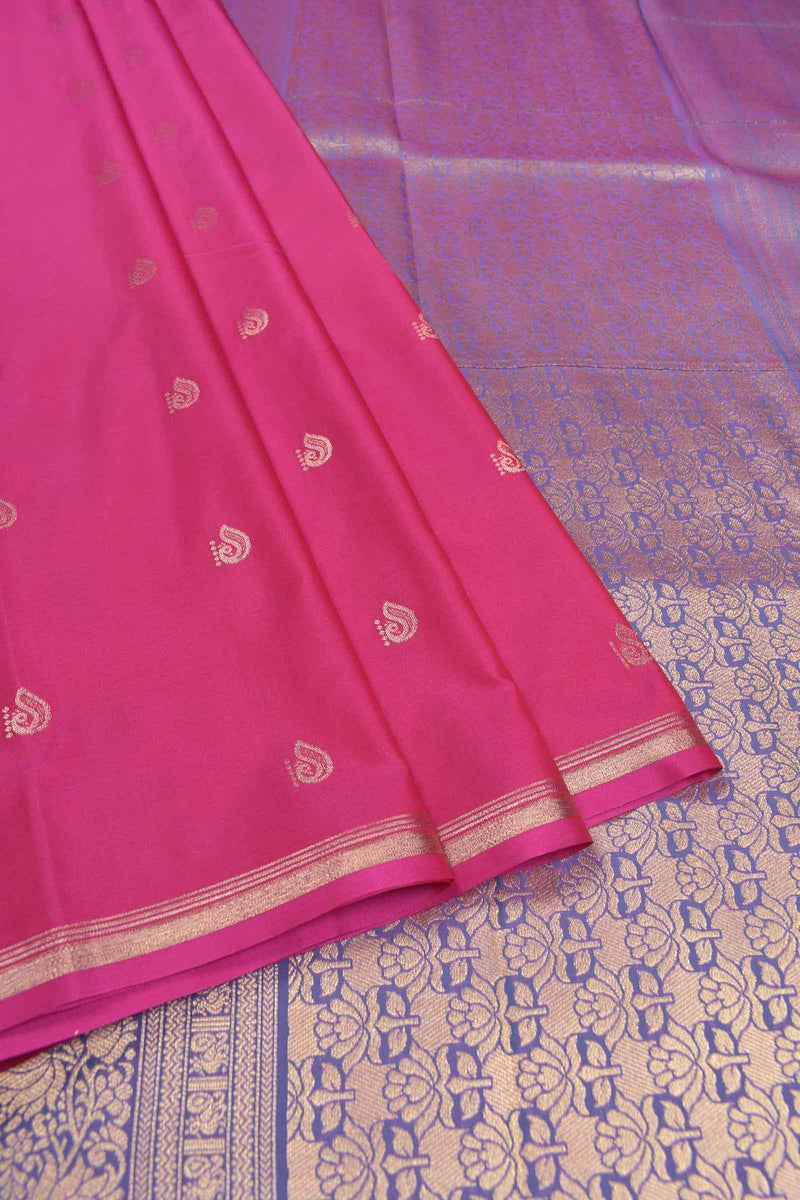 Hot Pink Semi Soft Silk Mini Peacock Butta Contrast Pallu Saree