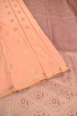 Peach Semi Soft Silk Paisely Butta Pencil Border Contrast Blouse Saree