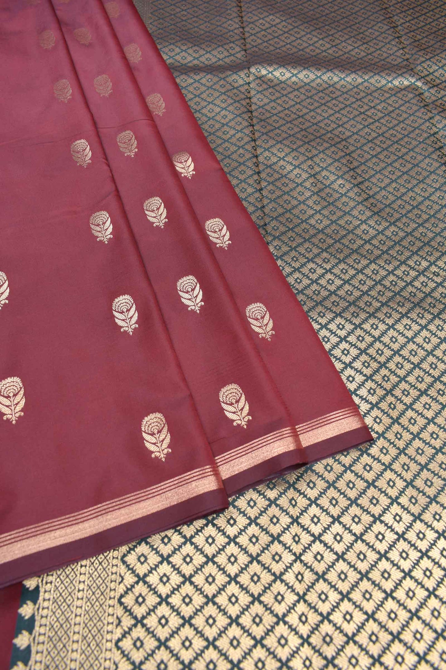 Dark Maroon Body Rose Butta Contrast Pallu Semi Soft Silk Saree