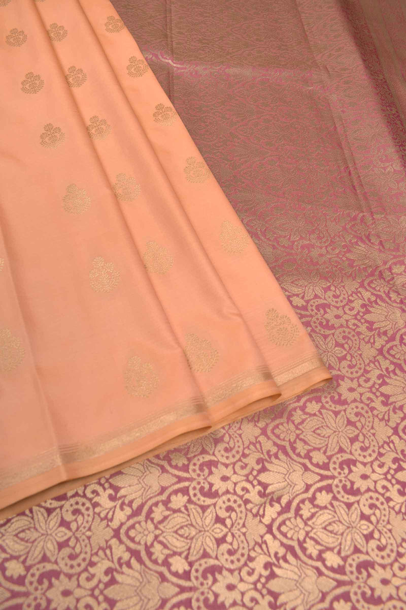 Peach Semi Soft Silk Traditional Butta Pencil Border Contrast Blouse Saree